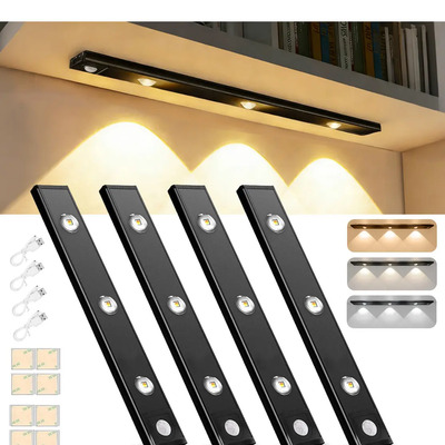 4 Pack 40cm Luz De Led Clóset Usb Con Sensor Movimiento,negro,lampara De Pared De Recargable, Inalámbrica Y 3 Color Dimmable,para Dormitorio, Sala De Estar, Pasillo, Cocina, Vitrina, Guardarropa