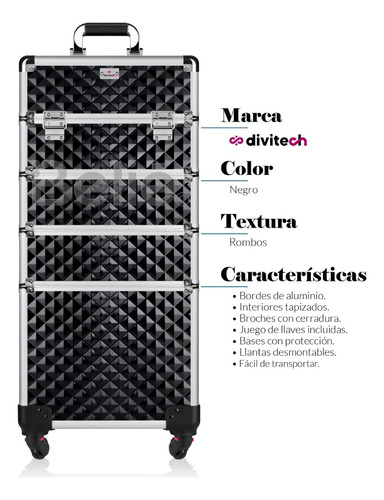 Neceser De 4 Niveles En Torre Cosmetiquera Belleza Resistente Reforzada Con Aluminio Desarmable  Color Negro Rombos