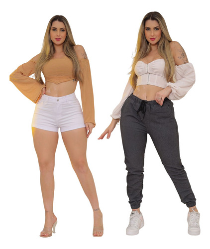 Ujeans Kit Feminino Calça Jogger Chumbo E Shorts Jeans