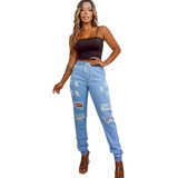 Conjunto Feminino Calça Jogger Jeans Destroyed Top Cropped 