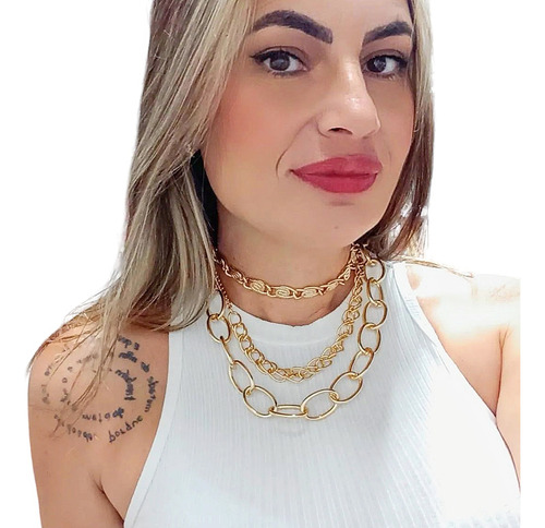 Colar 15 Colares Choker Elos Folheados A Ouro Banho Verniz 