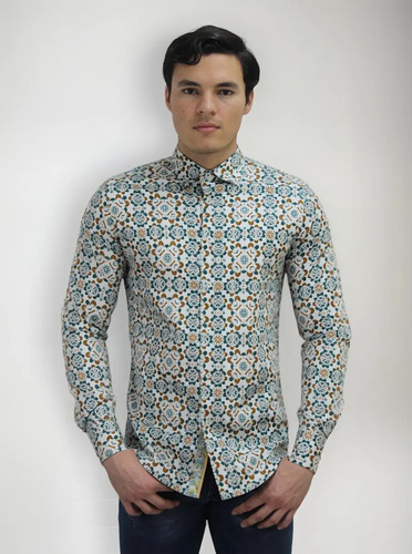 Camisa Floreada Platini Tkl8902 Corte Slim Fit Manga Larga