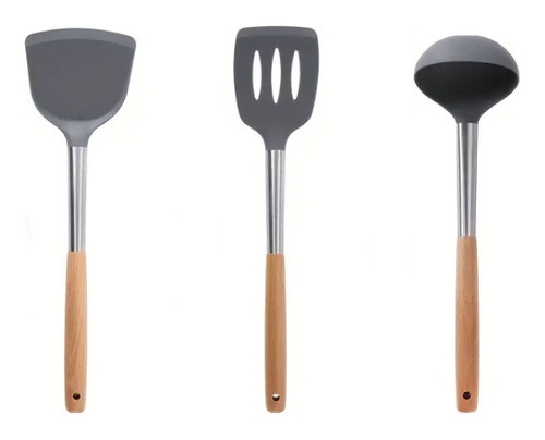 Set De Utensilios De Cocina Silicona X3 Con Mango Madera 