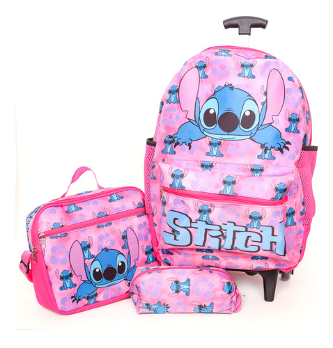 Kit Mochila Rodinha Escolar Juvenil Infantil Lancheira Rosa