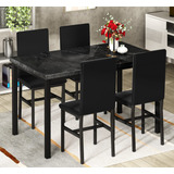 Awqm Mesa De Comedor De Mármol Negro Sintético Con 4 Sill.