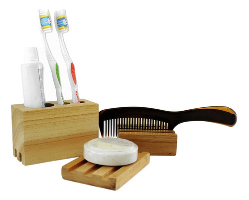  Kit Accesorios De Baño De Madera Maciza Jabonera Rústica