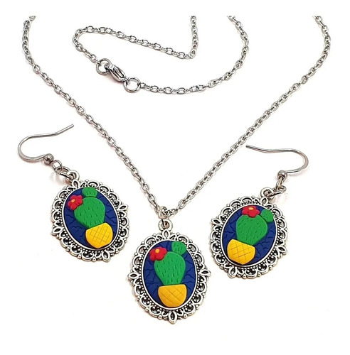 Juego De Collar Y Aretes Colgantes De Cactus Nopal Fimofemi