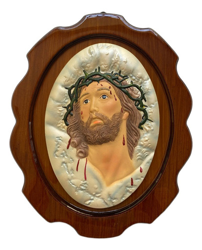 Rostro De Cristo Ovalo Espinas En Marco Nogal De 32x25 Cm