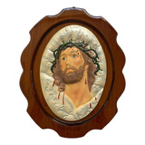 Rostro De Cristo Ovalo Espinas En Marco Nogal De 32x25 Cm