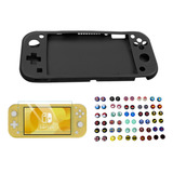 Protector En Silicona Negra + Vidrio + 2 Grips Switch Lite