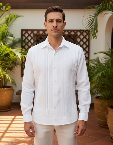 Guayabera Yucateca De Lino Bordado Camisa Manga Larga Hombre | Meses sin interés