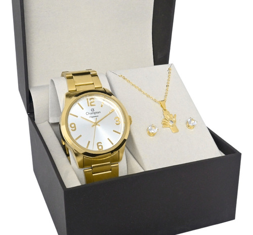 Kit Champion Feminino Relógio Dourado Folheado Ouro Original