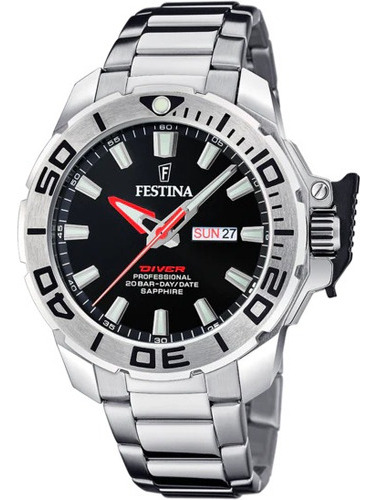 Reloj Festina F20665.4 Hombre The Originals/diver Negro Color De La Malla Plateado Color Del Bisel Plateado