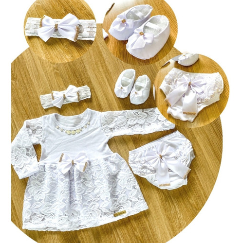 Kit Vestido Luxo Renda Bebê Branco Batizado Réveillon Menina