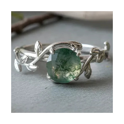 Anillo Ajustable De Piedra Natural Con Ágata Musgosa Para Mu