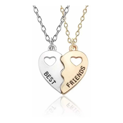 Collares Corazón Bicolor Bff Amigos Por Siempre - 2 Piezas Color Plateado