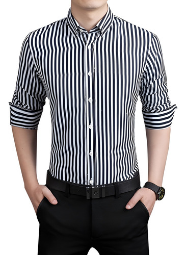 Camisa Rayada De Vestir Hombre Slim Fit Manga Larga