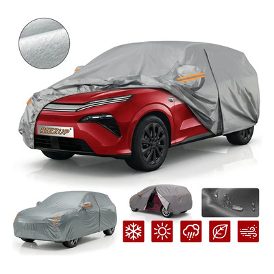 Rizzup Cubierta Auto Afelpada 4.5m 100% Impermeable Cubierta Funda Protector Hatchback Para Carro Sedán Mediano Anti Polvo Sol Viento Lluvia Gris Oscuro Para Automovil Coche Incluye Cremallera Lateral
