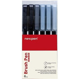 Brush Pen Newpen C/6 Tons De Cinza Ponta Pincel 0,5