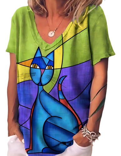 Camiseta Casual Con Estampado De Gato Abstracto