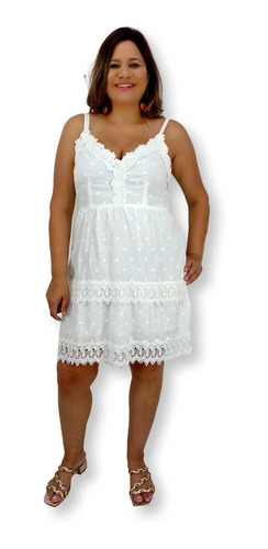 Vestido Branco Curto Alça Indiano Com Renda Algodão 367