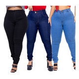 Kit 3 Calça Jeans Plus Size Feminina Cintura Alta Com Lycra