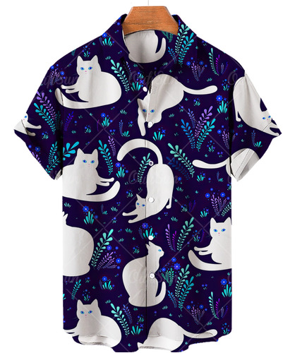 Camisa Hawaiana Con Estampado De Gato Para Hombre Y Mujer T