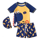 Traje De Baño Bebe Niño Dinosaurio Completo Sombrero Corta