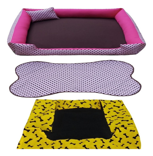 Cama Para Cachorro Grande Gg 95x95 Cm + Tapete E Capa Extra Cor Cama Rosa + Capa Amarela