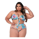 Hot Pant Biquini Estampado Plus Size Cintura Alta Com Bojo