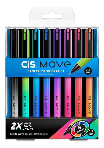 Caneta Esferográfica Cis Move Ponta Agulha 0.7mm 8 Cores Exterior Colorido