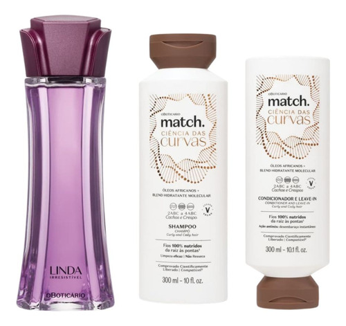 Combo O Boticário Linda Irresistível + Shampoo E Condicionador Match Ciência Das Curvas Kit Presente