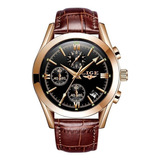 Reloj De Pulsera Lige Lg9839f De Cuerpo Color Dorado, Analógico, Para Hombre, Fondo Negro, Con Correa De Cuero Color Marrón, Agujas Color Dorado Y Verde, Dial Dorado Y Verde, Subesferas Color Negro, M