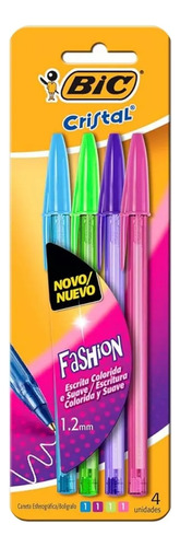 Caneta Bic Cristal Fashion Ponta Fina 1.2mm Kit Com 4 Cores