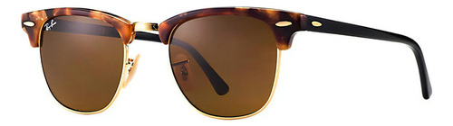 Anteojos De Sol Ray-ban Clubmaster Fleck Large Con Marco De Acetato Color Gloss Tortoise, Lente Brown Clásica, Varilla Black De Acetato - Rb3016