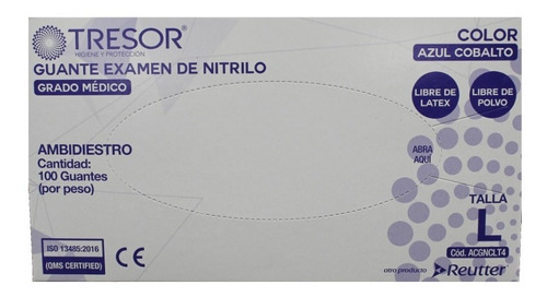 Guante Nitrilo Azul Cobalto Tresor Talla L, Caja X 100