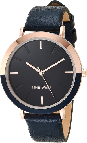 Reloj Mujer Nine West Cristal Mineral 36 Mm Nw/2346rgnv Color De La Correa Negro Azulado Color Del Bisel Rosa Dorado/negro Color Del Fondo Negro