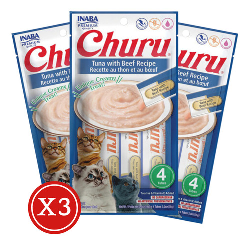 Churu Gatos - Sabor Atún Con Carne 4 Tubos - Pack X3