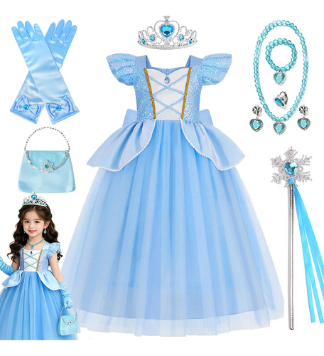Vestido De Cenicienta, Vestido Tul Azul Con Accesorios, Vestidos De Princesas, Disfraces De Halloween, Traje De Cumpleaños | Envío gratis