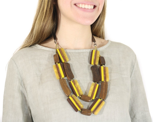 Collar Cuencas Madera Marrón Y Amarillo Importado 