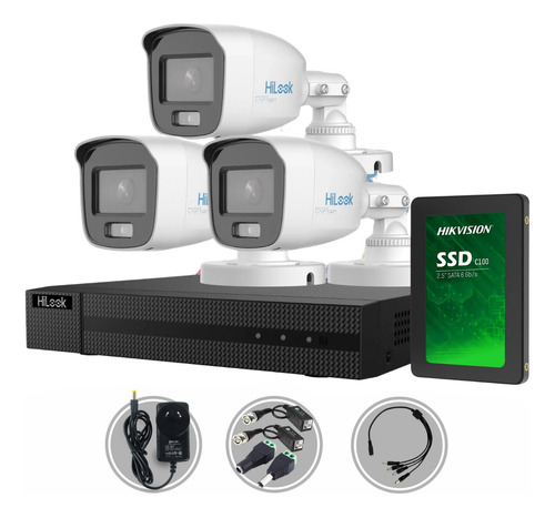 Kit Seguridad Dvr 4ch Hilook + 3 Camara 2mp Colorvu +disco