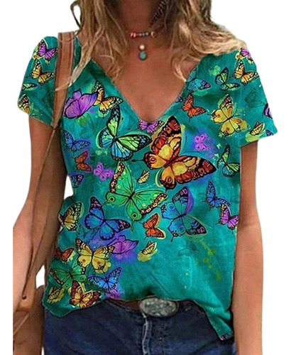 Camiseta Casual Con Cuello En T Y Estampado De Mariposas