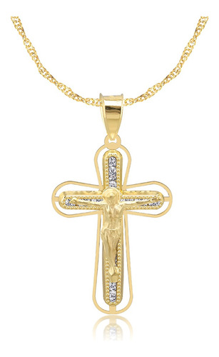 Collar Cruz Con Cristo Y Cadena 2mm 10k Oro Amarillo Abba