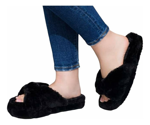 Pantuflas Cruzadas Negro Dama Calentitas Peluche 