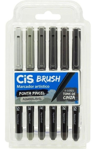 Caneta Brush Pen Cis Pincel Aquarelável Tons De Cinza 6 Core