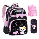 Mochila De Cuero Pu Impermeable Para Niña Preescolar Primaria De Gatito Con Lapicera