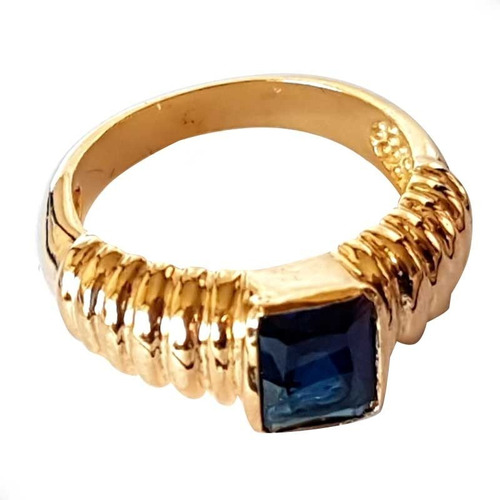 Anillo Oro 18k Laminado Hombre Mujer Piedra Azul Cristal 