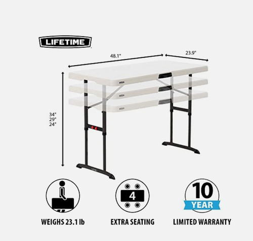 Mesa Plegable 1.2m Lifetime 122x61 Cm Uso Rudo Color Perla! 