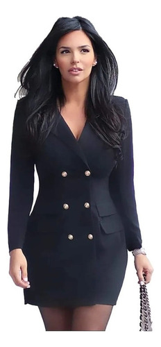 Vestido De Chaqueta De Doble Pecho De Cuello V Negro