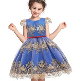 Vestido De Princesa Elegante Para Niña Azul Dorado Fiesta
